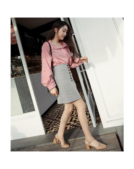 Spring and Summer Square Toe Rivet Decoration Ankle Strap High-heeled Shoes
