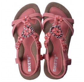 SIKETU Bohemia Style Women Female Sandals Flat Heel Crystal Flower Decorated Pink Size 39