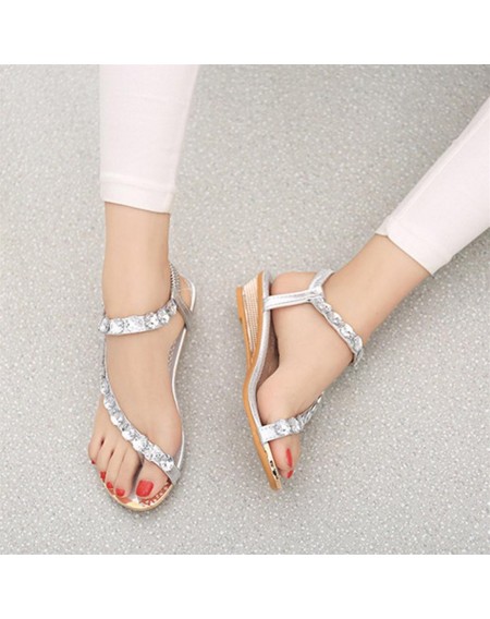 Korean Fashion Women Rhinestone Flat Heels Breathable Beach Sandals Shoes