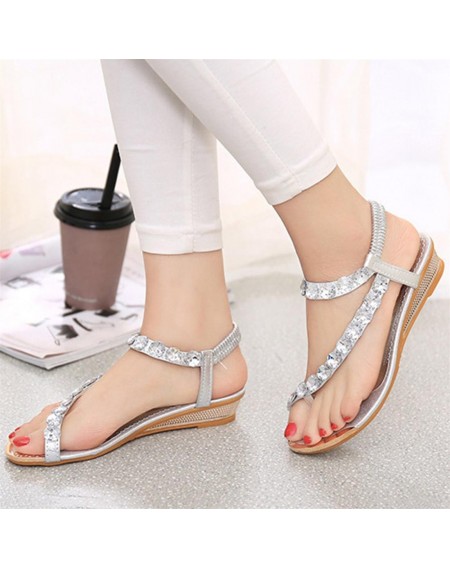 Korean Fashion Women Rhinestone Flat Heels Breathable Beach Sandals Shoes