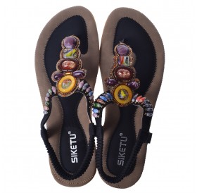 SIKETU Bohemia Style Women Female Sandals Flat Heel Handcrafted Beads Black Size 36