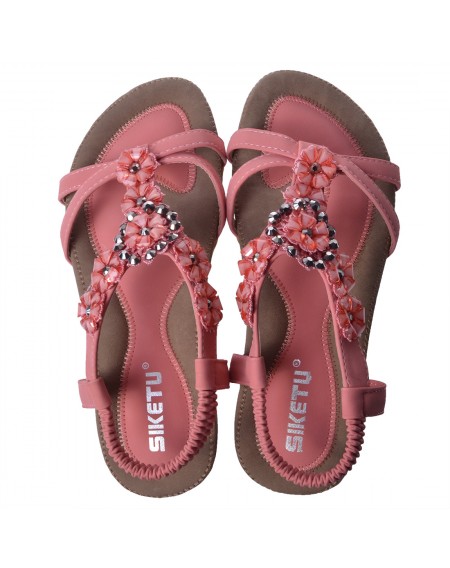 SIKETU Bohemia Style Women Female Sandals Flat Heel Crystal Flower Decorated Pink Size 38
