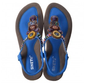 SIKETU Bohemia Style Women Female Sandals Flat Heel Handcrafted Beads Blue Size 40