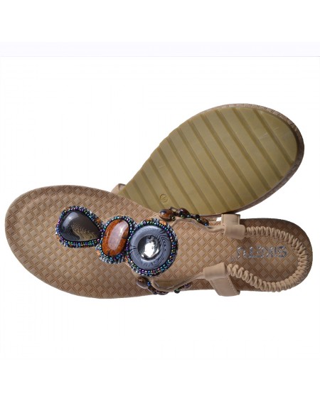 SIKETU Bohemia Style Women Female Sandals Wedge Heel Handcrafted Beads Apricot Size 40