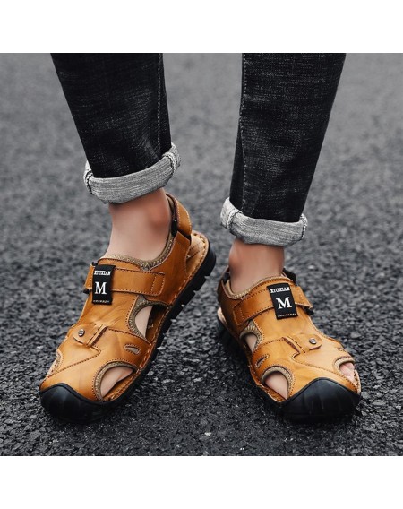 Fashion Summer Anti-slip Sole Slip-on Slippers Leather Flat Shoes Man Sandal